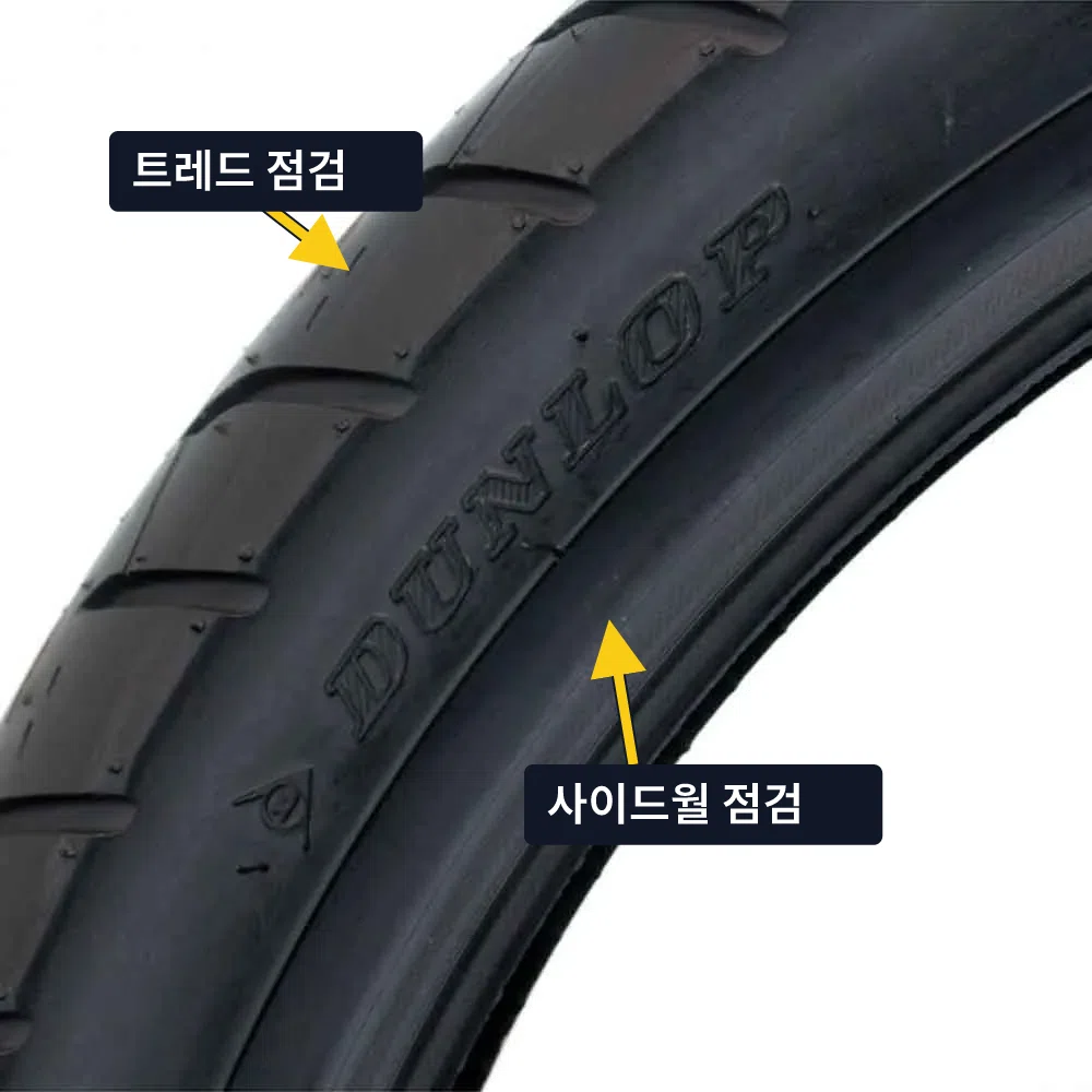 오토바이 타이어의 마모와 손상 상태를 확인하는 모습