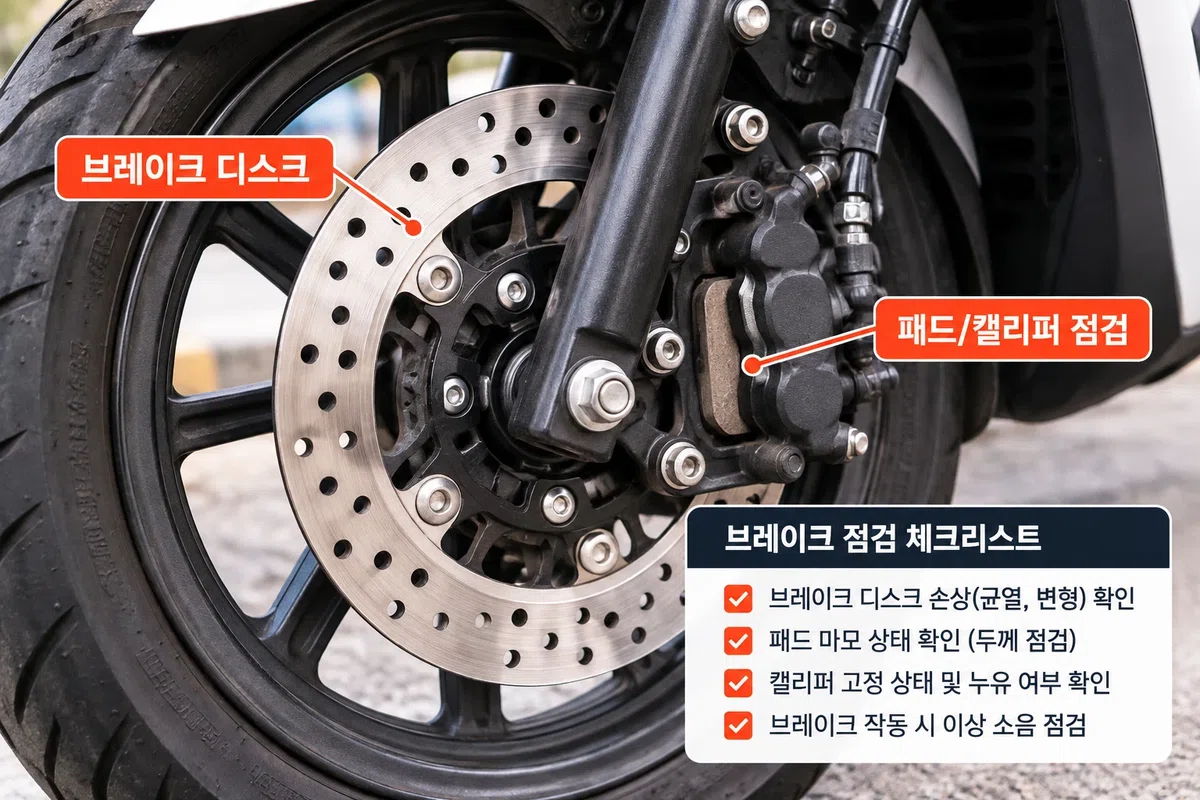 오토바이 브레이크 패드와 디스크 상태를 확인하는 모습