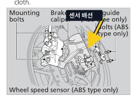 오토바이 ABS 센서 배선의 외관 확인 위치를 표시한 모습