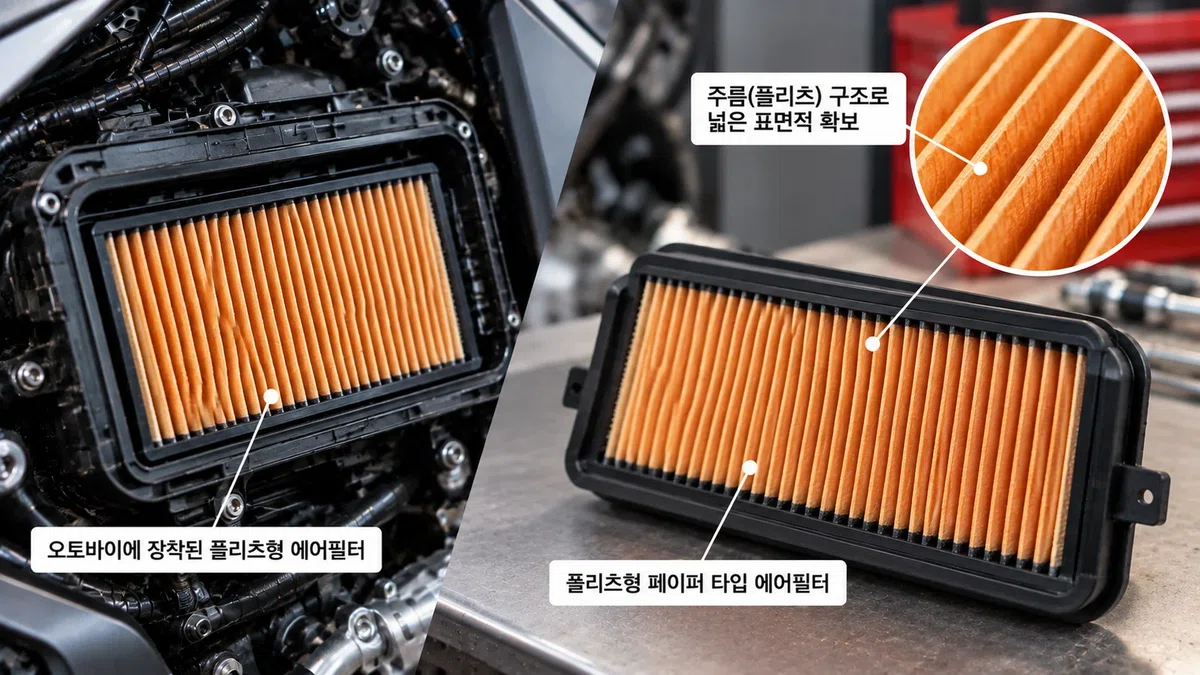 플리츠 형태의 교체형 오토바이 에어필터 구조