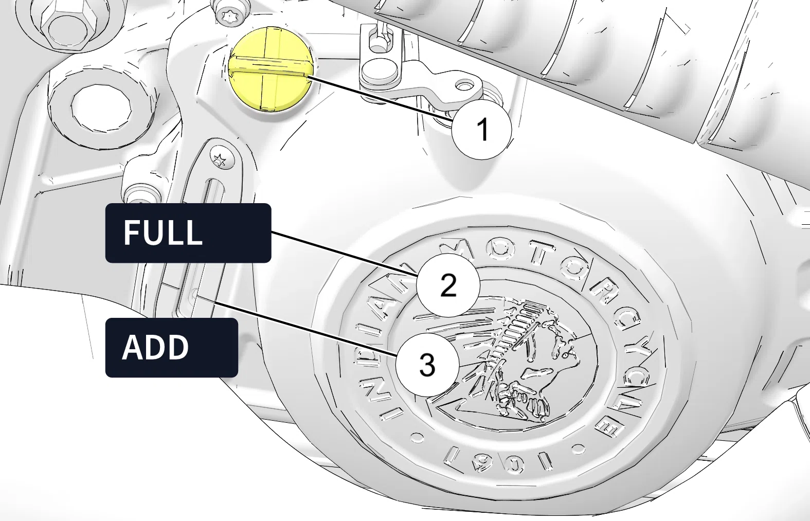 Indian Scout 공식 도해의 엔진오일 사이트글라스와 FULL ADD 기준