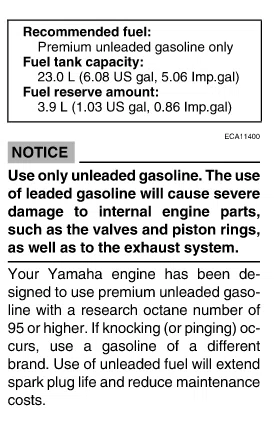 Yamaha XT1200Z 공식 설명서의 Premium unleaded gasoline 및 RON 95 이상 연료 요구사항