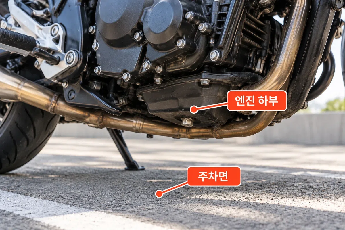 오토바이 엔진 하부와 주차면의 누유 흔적 확인 위치를 보여주는 모습