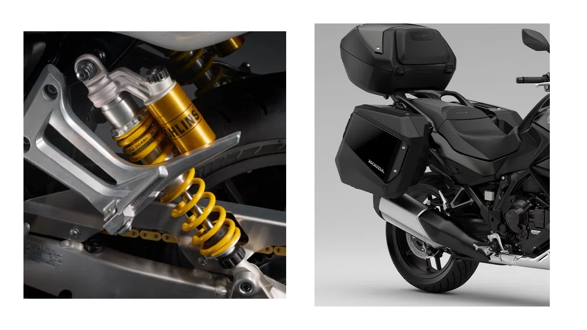정차된 모터사이클의 rear suspension preload 점검 영역과 짐이 실린 모터사이클을 함께 보여주는 이미지