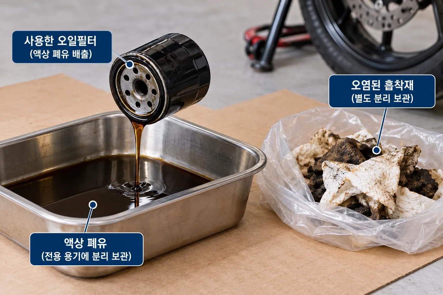 사용한 오일필터와 오일이 묻은 흡착재를 액상 폐엔진오일과 구분해 둔 모습