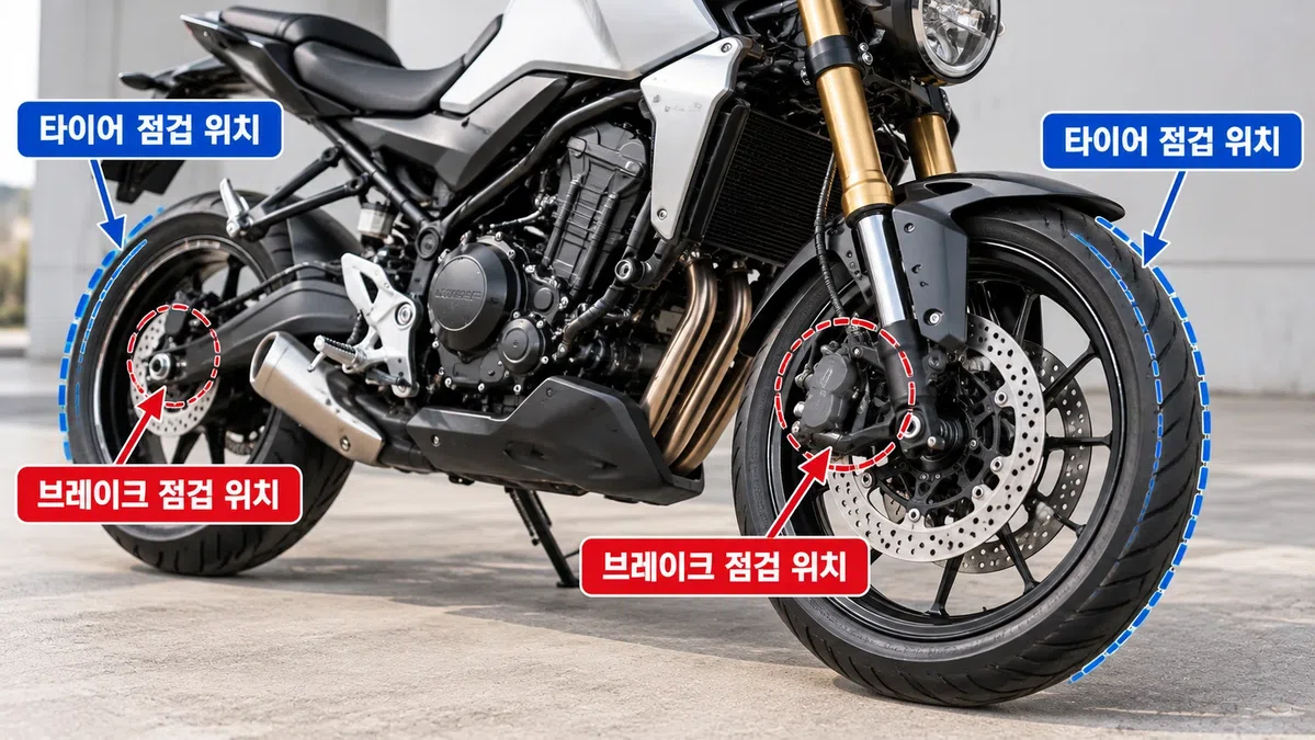 오토바이에서 타이어와 브레이크의 실제 점검 위치를 표시한 모습