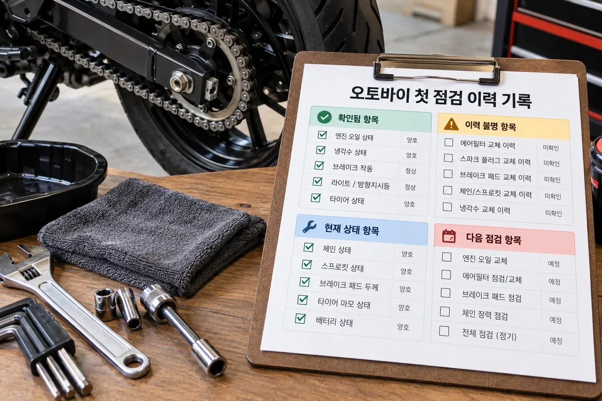 중고 오토바이 정비 이력을 확인됨·이력 불명·현재 상태·다음 점검으로 나눈 기록 예시